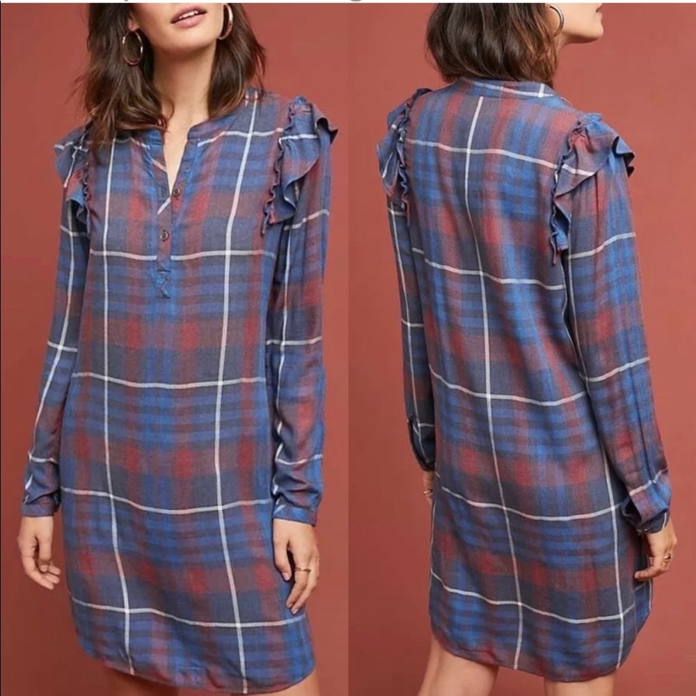 Anthropologie | Cloth & Stone | Plaid Ruffled Shirt Dress XS